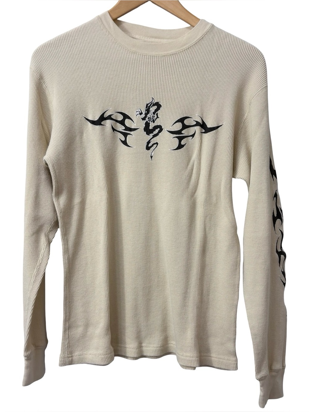 Y2K Mixology Brand Beige Waffle Knit Thermal Tribal Dragon Print Size Medium